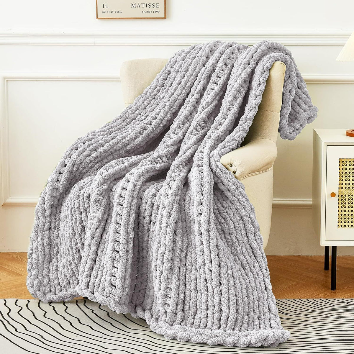 Le Plaid Grosse Maille – chenille gris perle, 130 × 160 cm